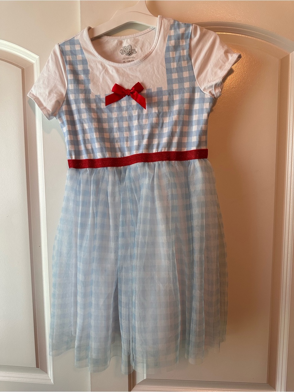 Girls XL Light Blue Gingham Tulle Dress with Red Bow